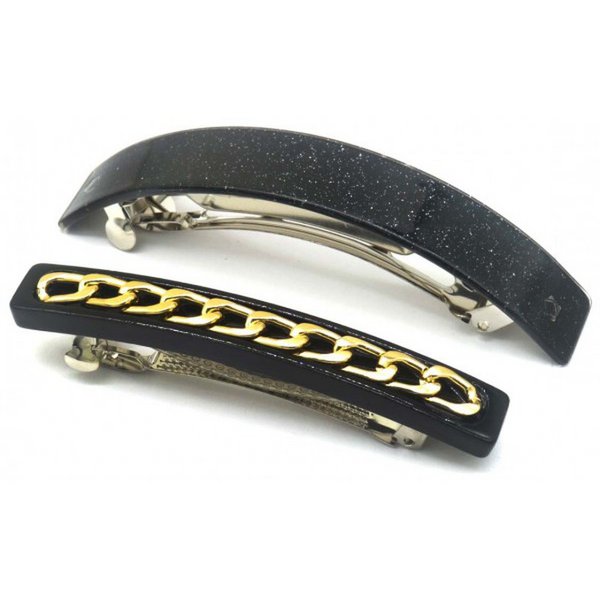 2 Patent Hårspænder &nbsp;i Sort - med Glitter og Guldkæde