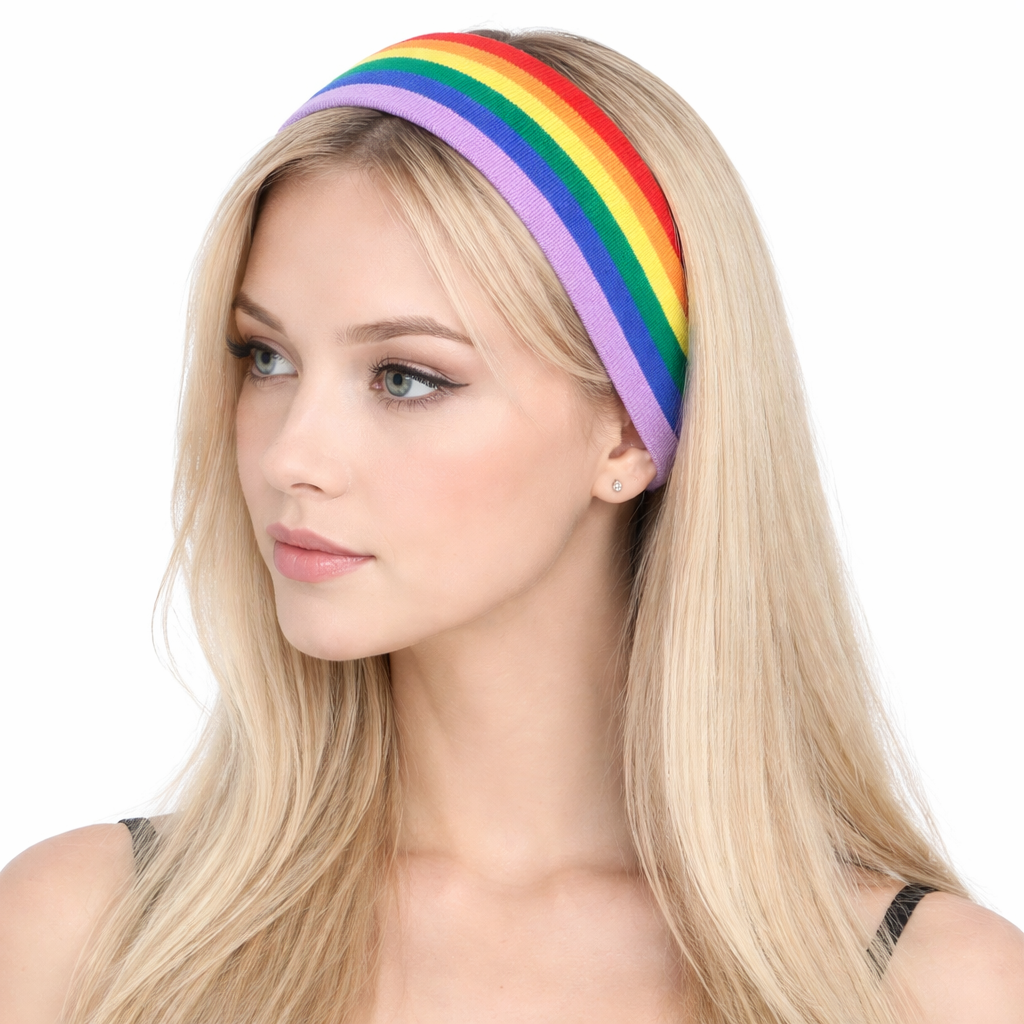 Wide Headband in Rib Knit in Rainbow Stripes
