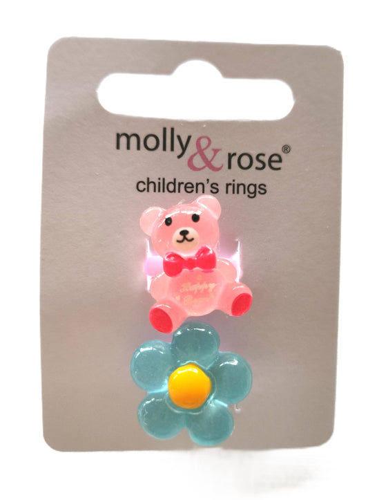 2 Fingerringe til Børn - med Bamse & Blomst