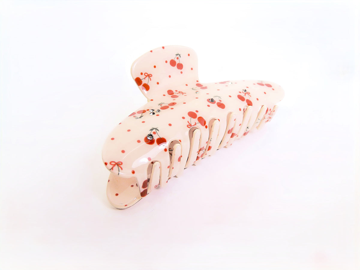 Creme Hårklemme med Røde Kirsebær & Perler