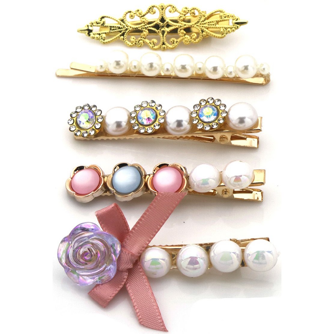 5 Gyldne Hårklemmer med Perler - i Hvide og Lyserøde Farver