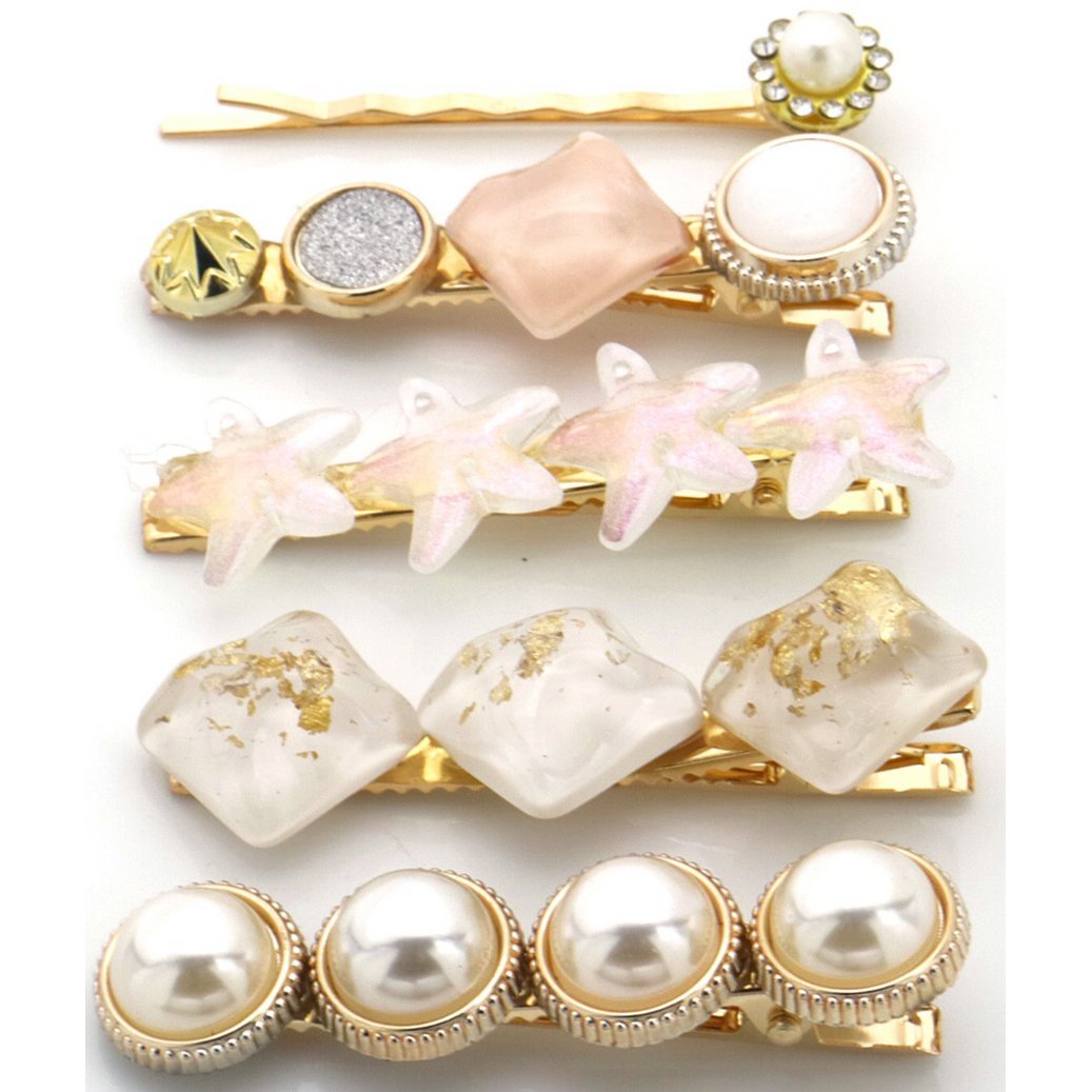 5 Gyldne Hårklemmer med Glitter & Perler i Hvide Farver