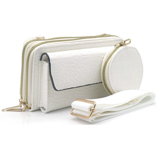 Hvid Skuldertaske med Pung - i Krokodillemønster