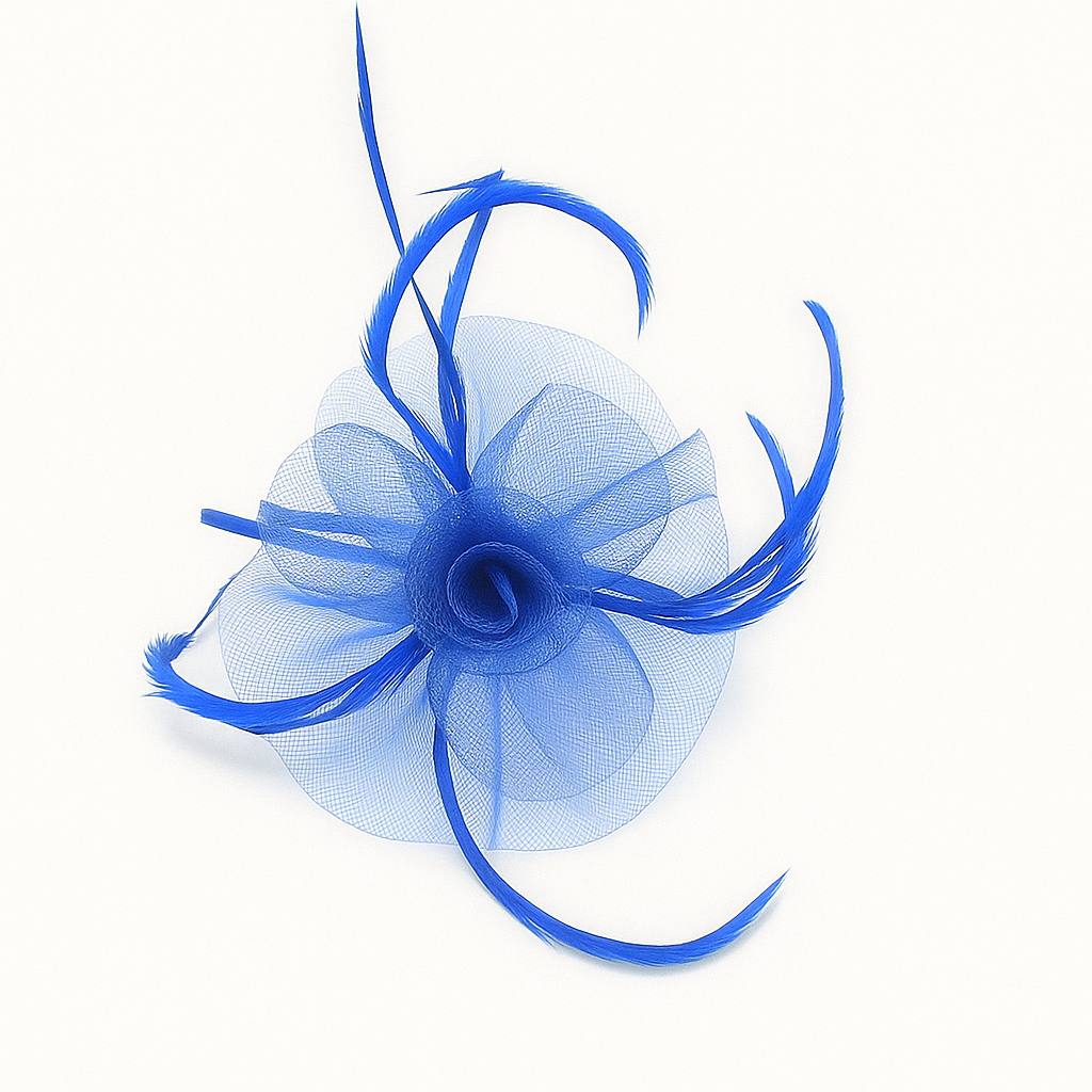 Blå Fascinator (Hat) med Blomst og Fjer