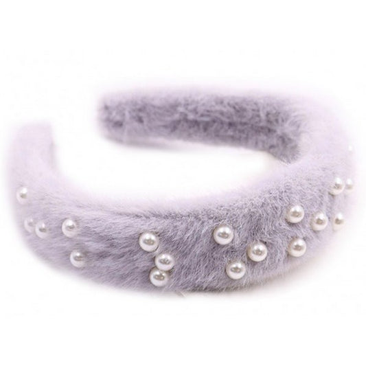 Hårbøjle i Blødt Kunstpels i Grå med Perler