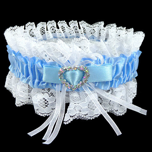 Garter with White Lace, Light Blue Satin Ribbon &amp; Heart