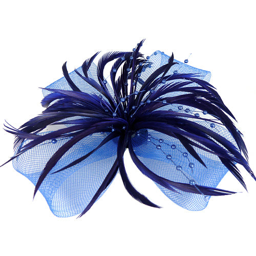 Blue Fascinator with Bow, Feathers &amp; Beads