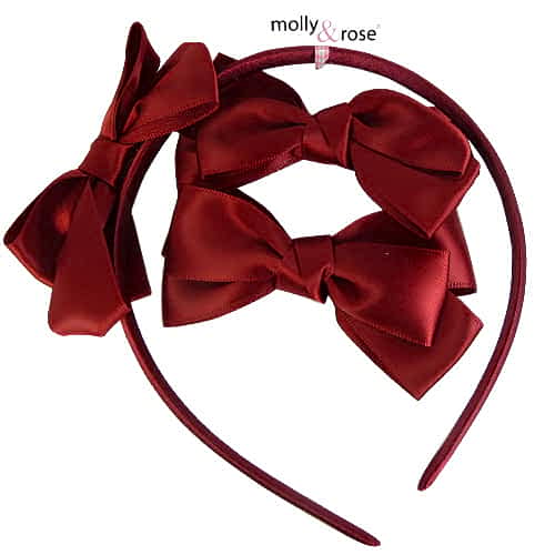 Set - Satin Hair Hoop &amp; Hair Clips with Bows - in Dark Red