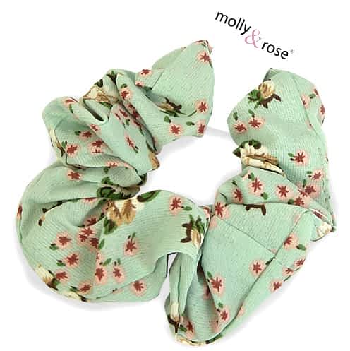 Scrunchie Hårelastik med fint Blomsterprint - i Mintgrøn - SofiaGaver.dk