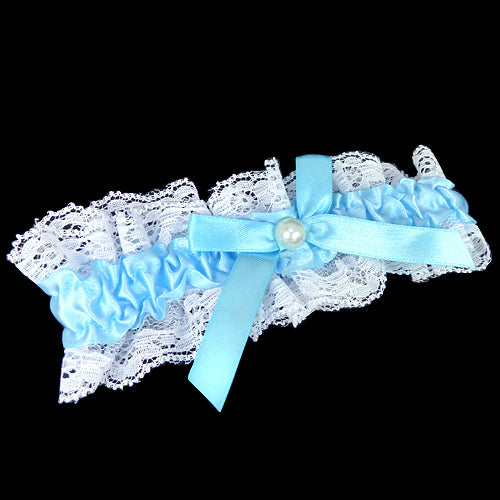 Garter with White Lace, Light Blue Satin Ribbon & Bow