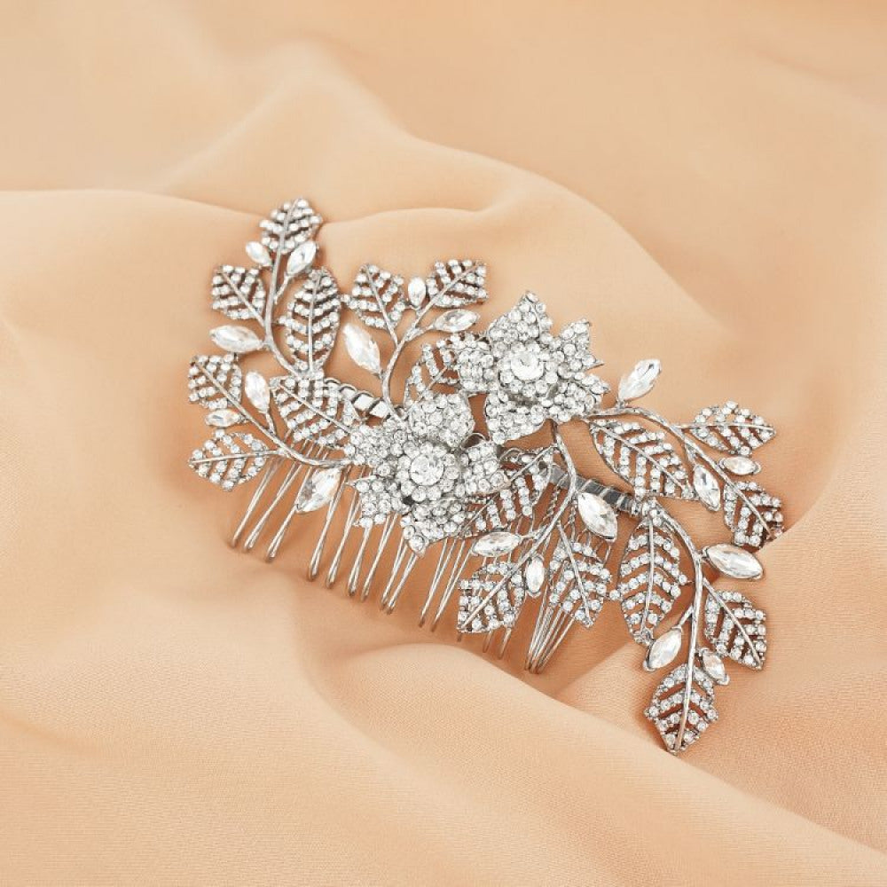 Stort & Smukt Hårsmykke - Sølv-Krystal-Kam med Roser & Blade ...