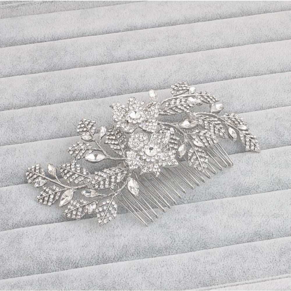 Stort & Smukt Hårsmykke - Sølv-Krystal-Kam med Roser & Blade ...