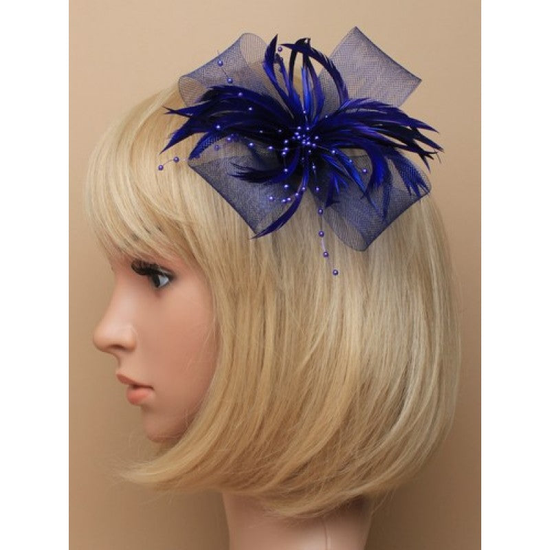 Blue Fascinator with Bow, Feathers &amp; Beads