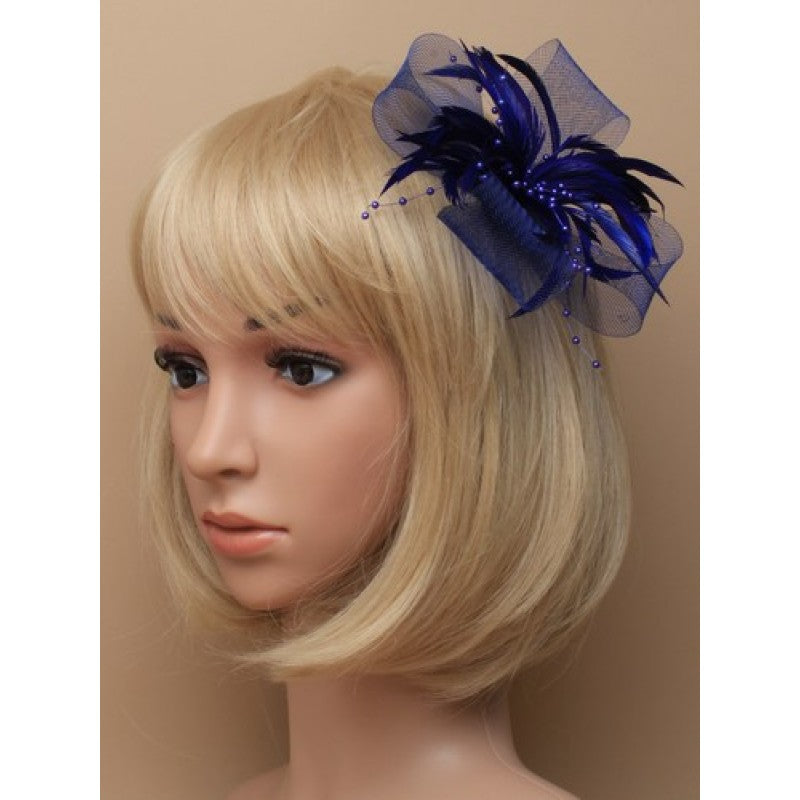 Blue Fascinator with Bow, Feathers &amp; Beads