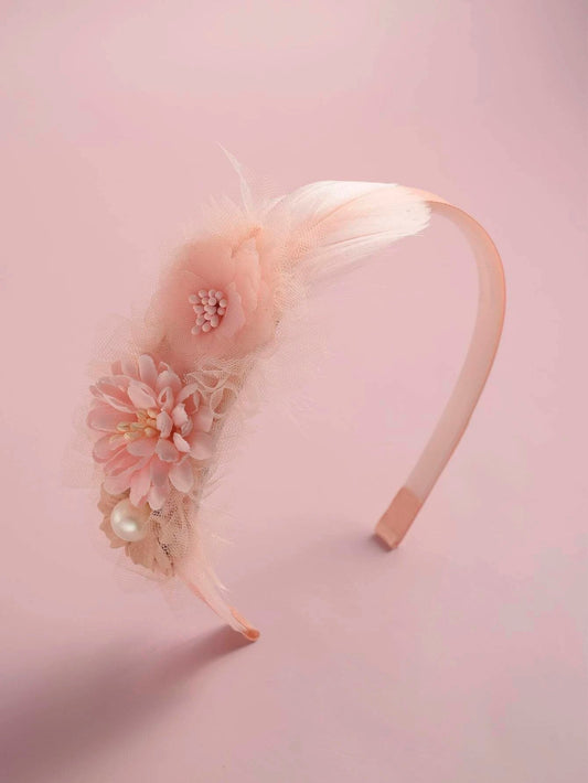 Beautiful Hairband with Flowers &amp; Feathers - in Pink Colors