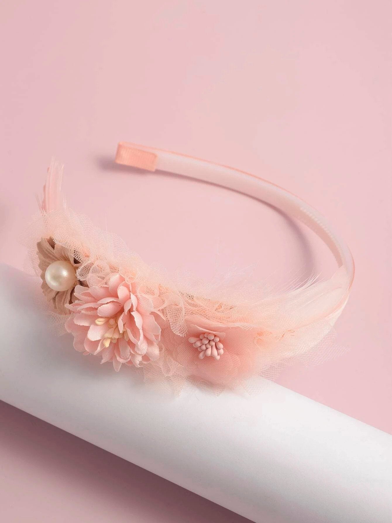 Beautiful Hairband with Flowers &amp; Feathers - in Pink Colors