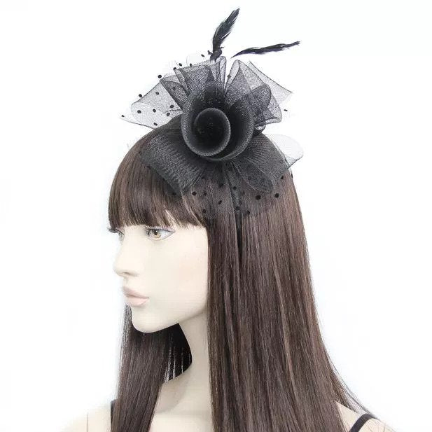 Black Fascinator Hairband with Flower &amp; Feather